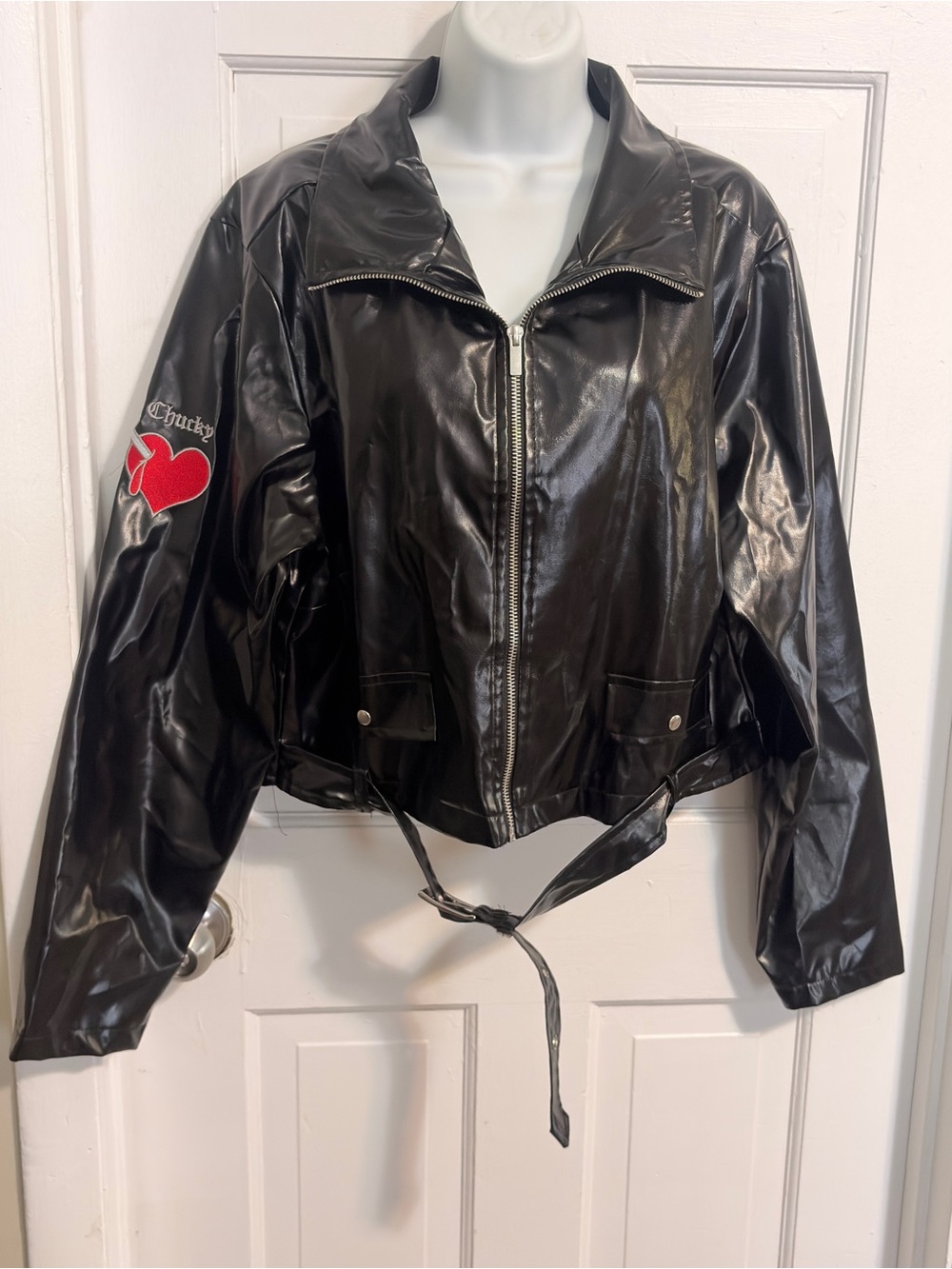 CHUCKY black  Faux Leather Zip-Front Cropped Jacket with Heart Patch